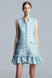 A Line V-Neck Short Sky Blue Work Dress with Ruffles