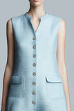 A Line V-Neck Short Sky Blue Work Dress with Ruffles
