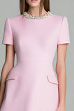 Pink Round Neck A Line Work Dress with Beading