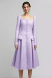 Lilac A Line Square Neck Midi Work Dress with Pleats