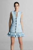 Sky Blue Sheath V-Neck Short Work Dress with Ruffles