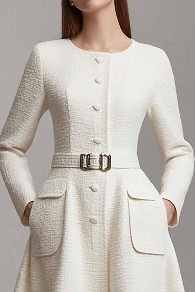 Zapaka Women Midi Ivory Work Dress with Belt Round Neck A Line Long