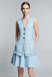 V-Neck 2-Piece A Line Sky Blue Work Dress with Ruffles