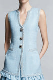 V-Neck 2-Piece A Line Sky Blue Work Dress with Ruffles