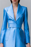 Blue Long Sleeves Midi Shawl Lapel Blazer Dress