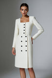 Ivory Square Neck Short Long Sleeve Pencil Work Dress