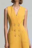 A Line Yellow V Neck Midi Work Dress