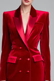 Red Velvet Bodycon Peak Lapel Midi Work Dress