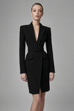 Black Satin Peak Lapel Bodycon Work Dress