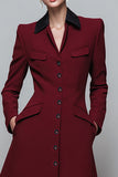 Collar Neck Burgundy Midi A Line Satin Work Dress