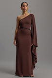 Ruffled Coffee One Shoulder Long Sleeves Formal Dress