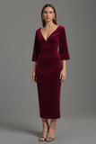 Burgundy V-Neck Velvet 3/4 Sleeves Long Holiday Party Dress