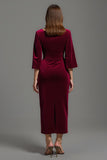Burgundy V-Neck Velvet 3/4 Sleeves Long Holiday Party Dress