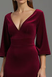 Burgundy V-Neck Velvet 3/4 Sleeves Long Holiday Party Dress