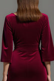 Burgundy V-Neck Velvet 3/4 Sleeves Long Holiday Party Dress