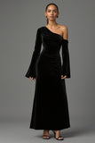 Velvet Black One Shoulder Flare Sleeves Long Formal Dress