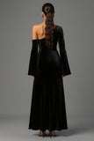 Velvet Black One Shoulder Flare Sleeves Long Formal Dress