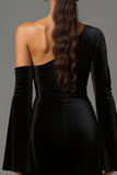 Velvet Black One Shoulder Flare Sleeves Long Formal Dress
