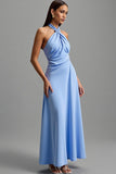 Halter Blue Ruched Long Formal Dress