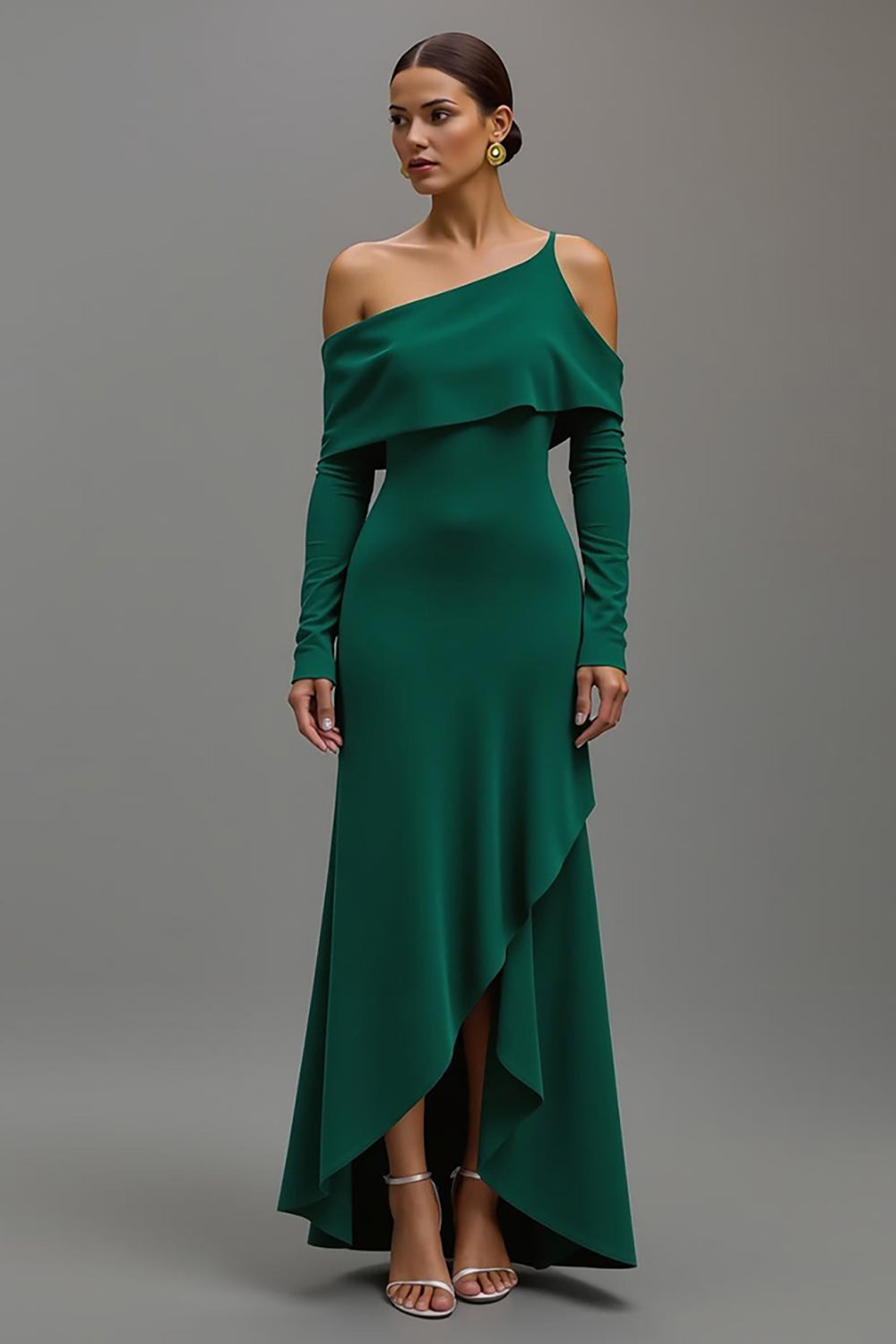 Zapaka Women Dark Green Formal Dress Sheath One Shoulder