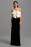 Strapless Black and White Patchwork Long Formal Dress with Bow