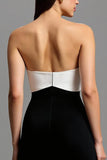 Strapless Black and White Patchwork Long Formal Dress with Bow