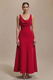Cowl Neck Red A Line Long Formal Dress