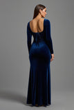 Navy Velvet Sheath Long Sleeves Formal Dress