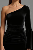 Black One Shoulder Flare Sleeve Velvet Formal Dress