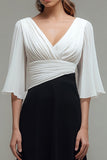 Black White Chiffon Pleated A Line V Neck Formal Dress