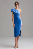 One Shoulder Blue Vlevet Formal Dress with Slit
