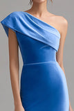 One Shoulder Blue Vlevet Formal Dress with Slit