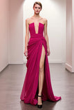 Pink Ruched Strapless Evening Dress with Slit