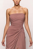 Strapless Blush Backless Ruched Long Evening Dress with Slit