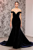 Mermaid Black Velvet Off the Shoulder Sweep Train Holiday Party Dress