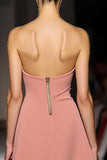 Pink Simple Ruched Strapless Long Evening Dress with Slit