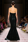 Sparkly Black Sequins Strapless Mermaid Evening Dress