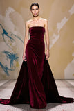 Velvet Dark Red A Line Strapless Long Holiday Party Dress
