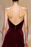 Velvet Dark Red A Line Strapless Long Holiday Party Dress