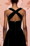 Simple Black Velvet Long Keyhole Evening Dress