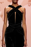 Simple Black Velvet Long Keyhole Evening Dress