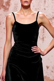 Simple Black Velvet Long Spaghetti Straps Evening Dress