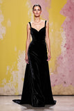 Velvet Simple Black Long Sheath Evening Dress