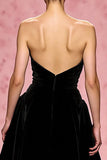Simple Black A Line Velvet Strapless Long Evening Dress with Slit