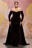 Dark Red A Line Velvet Off The Shoulder Plus Size Maxi Dress with Long Sleeves