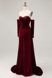 Dark Red Sweetheart A Line Long Velvet  Dress with Long Sleeves