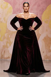 Dark Red A Line Velvet Off The Shoulder Plus Size Maxi Dress with Long Sleeves