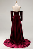 Dark Red Sweetheart A Line Long Velvet  Dress with Long Sleeves