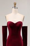 Dark Red Sweetheart A Line Long Velvet  Dress with Long Sleeves