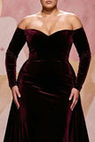 Dark Red A Line Velvet Off The Shoulder Plus Size Maxi Dress with Long Sleeves